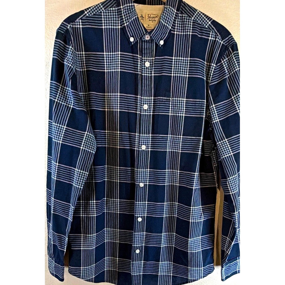 Original Penguin Men Medium Slim Plaid Blue/White Button Down Woven Pocket Shirt